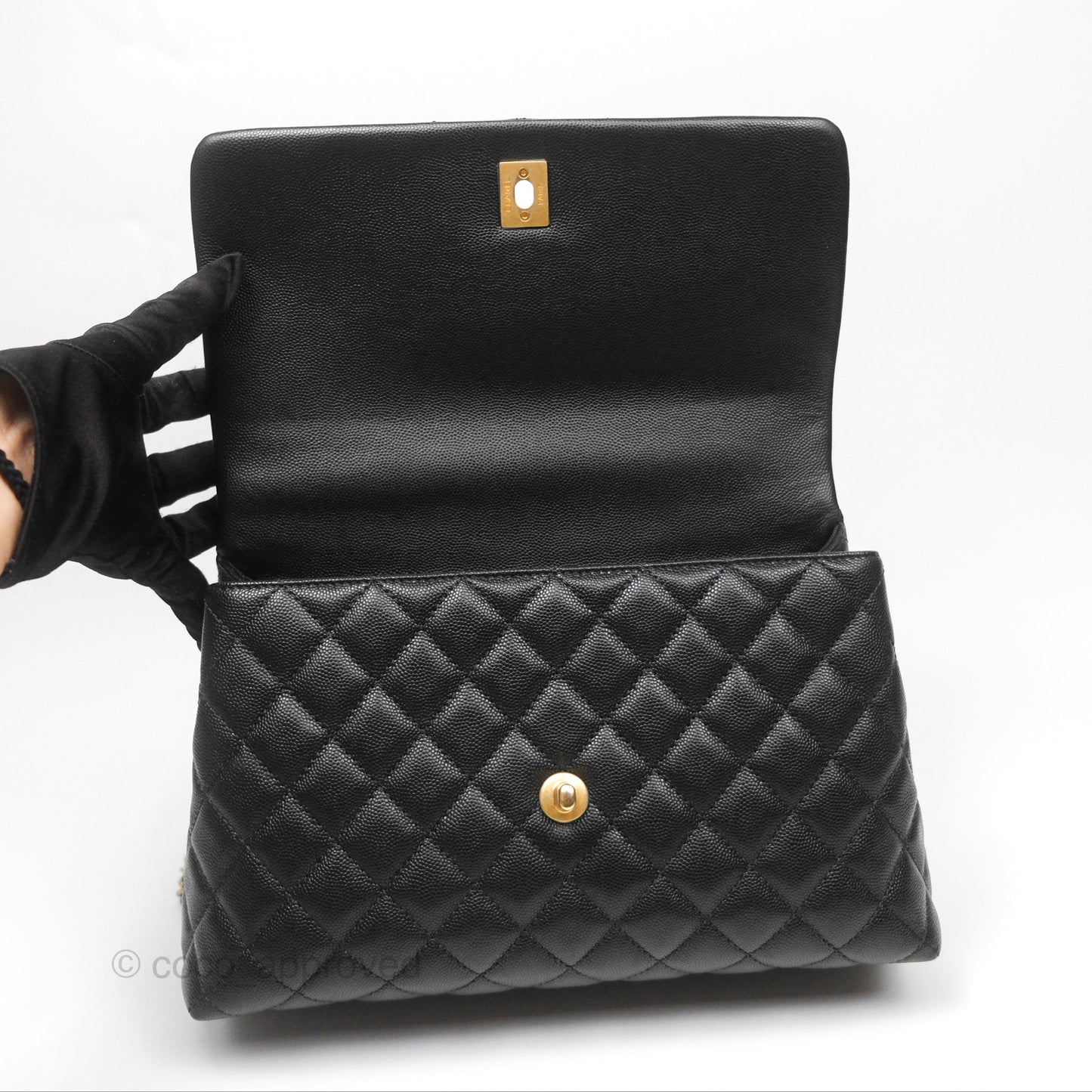 Chanel Medium Coco Handle Quilted Black Caviar Lizard Handle Gold Hardware