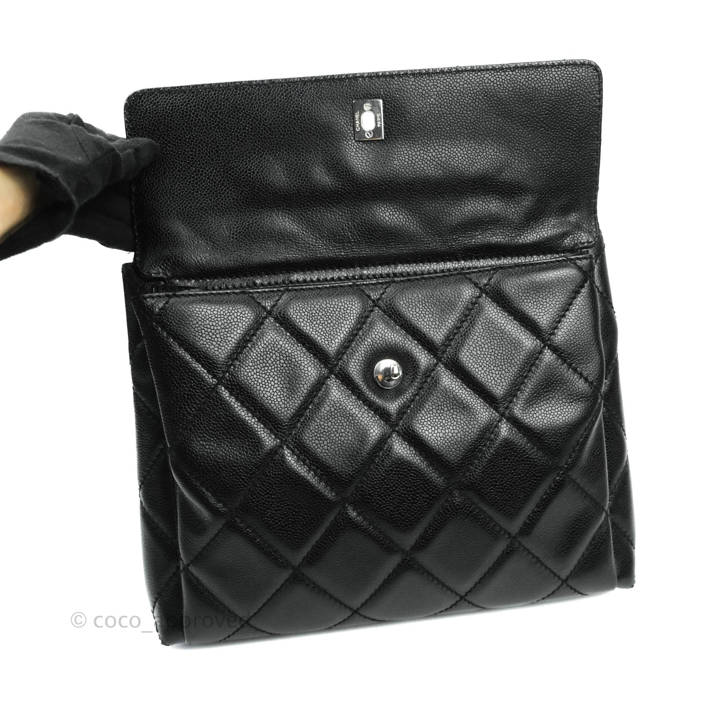 Chanel Quilted Black Caviar Tote Silver Hardware