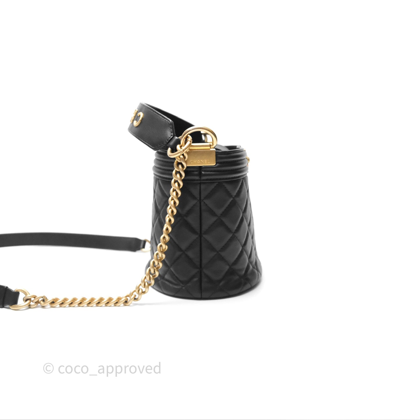 Chanel Quilted Boy Bucket Bag Black Lambskin Aged Gold Hardware