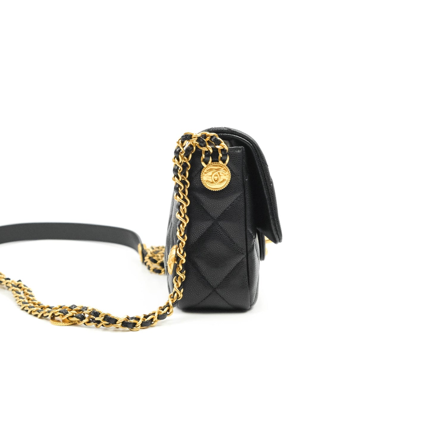 Chanel Small Flap with Coin Charm Black Caviar Aged Gold Hardware 22A