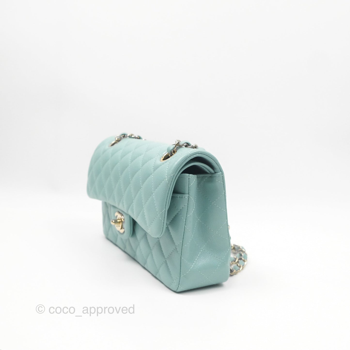 Chanel Small Classic Quilted Flap Tiffany Green Caviar Gold Hardware