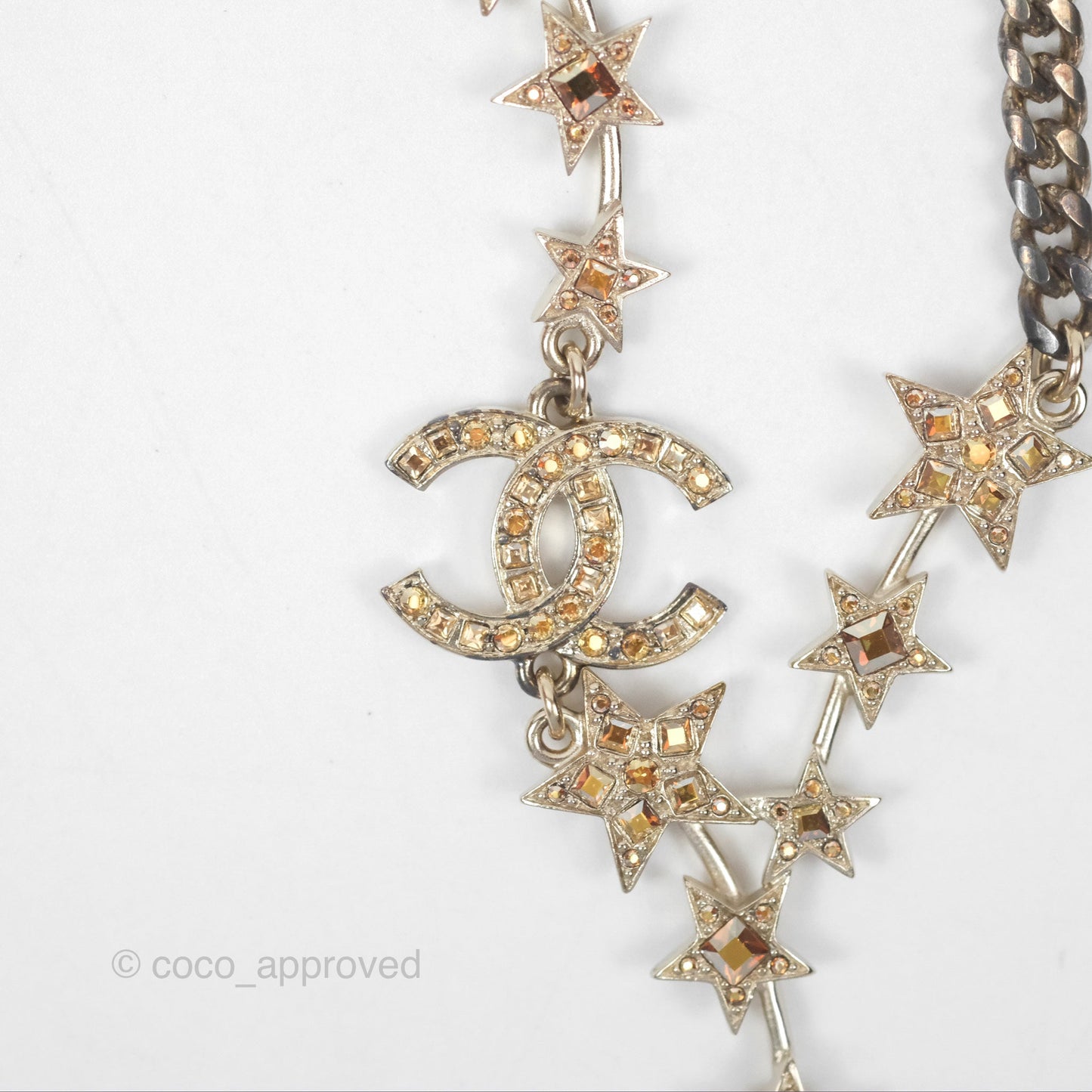 Chanel Crystal CC Star Drop Necklace Gold Tone 21S