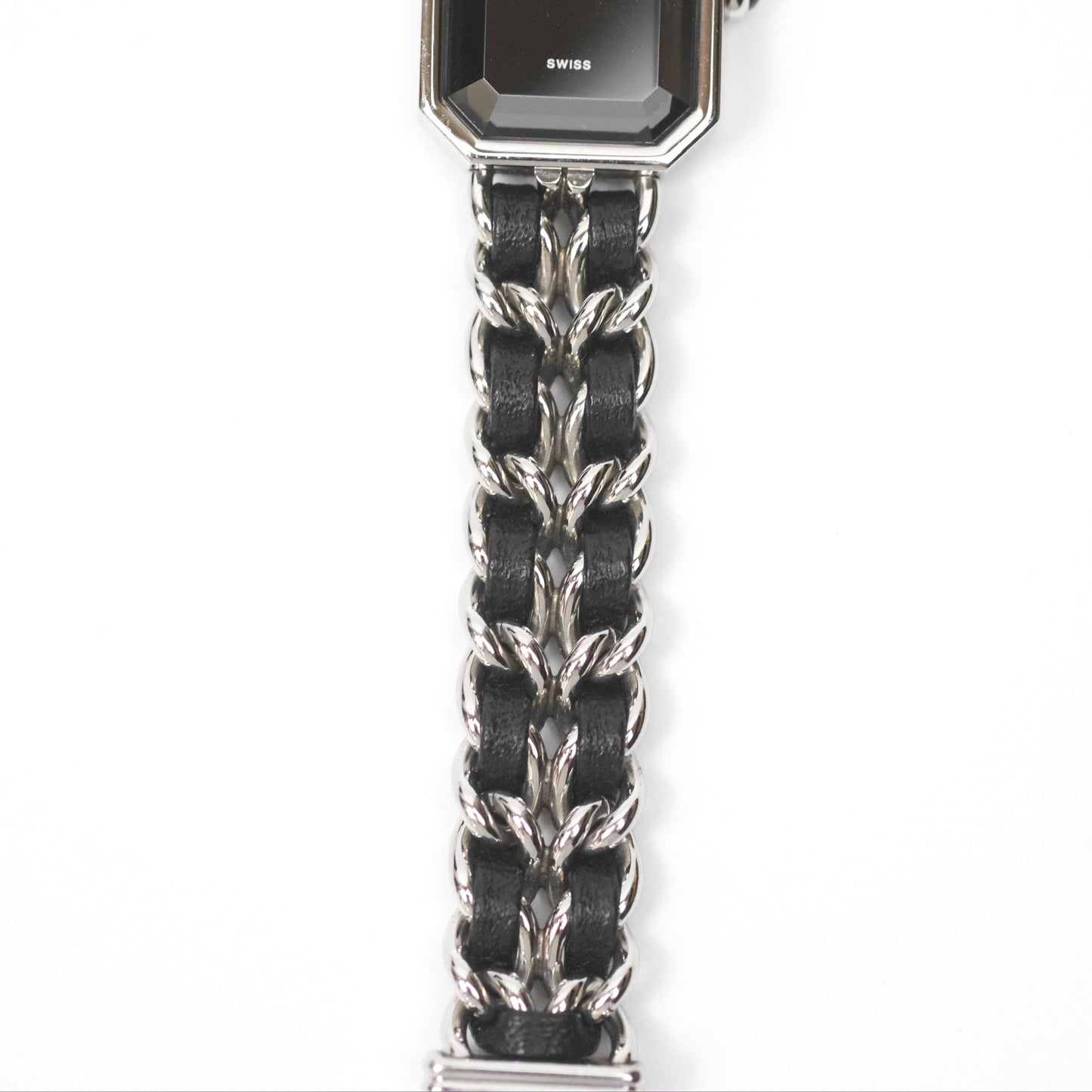 Chanel Première Iconic Chain Watch Black Leather Silver Tone Size ML