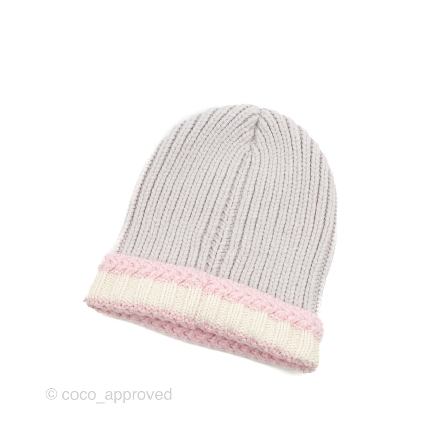 Chanel Cashmere CC Beanie Hat Light Grey / Light Pink / White