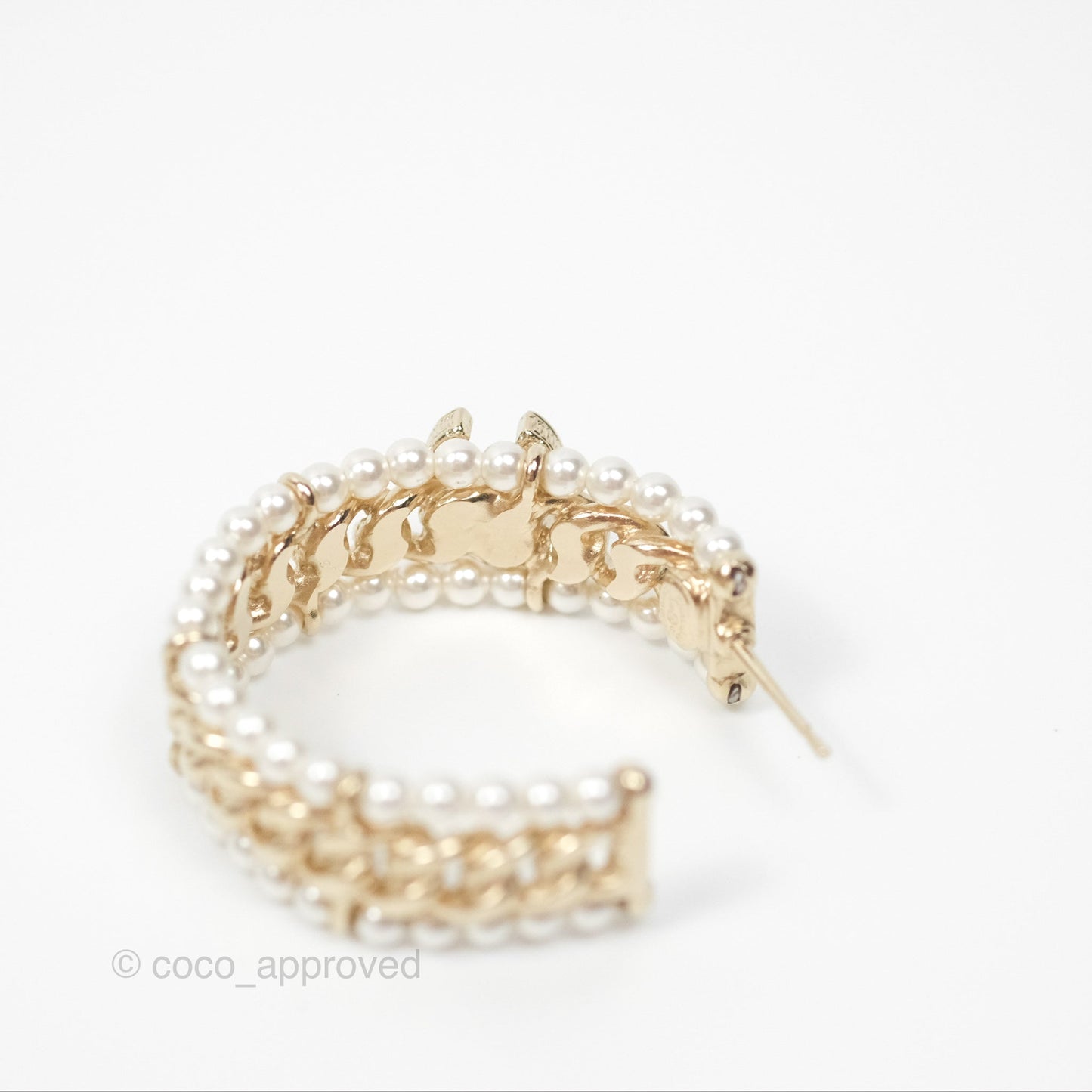 Chanel CC Pearl Hoop Earrings Gold Tone 20C