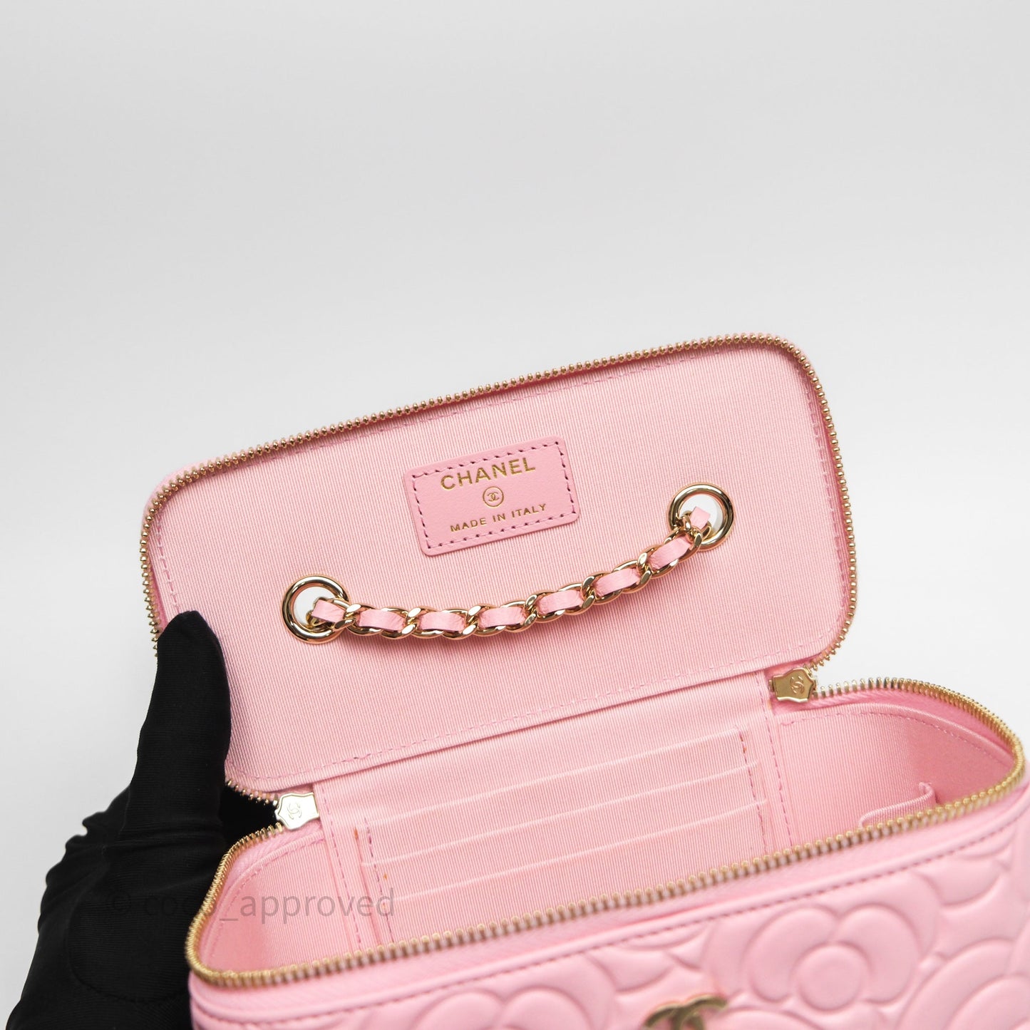 Chanel Vanity with Chain Camellia Embossed Pink Lambskin Gold Hardware