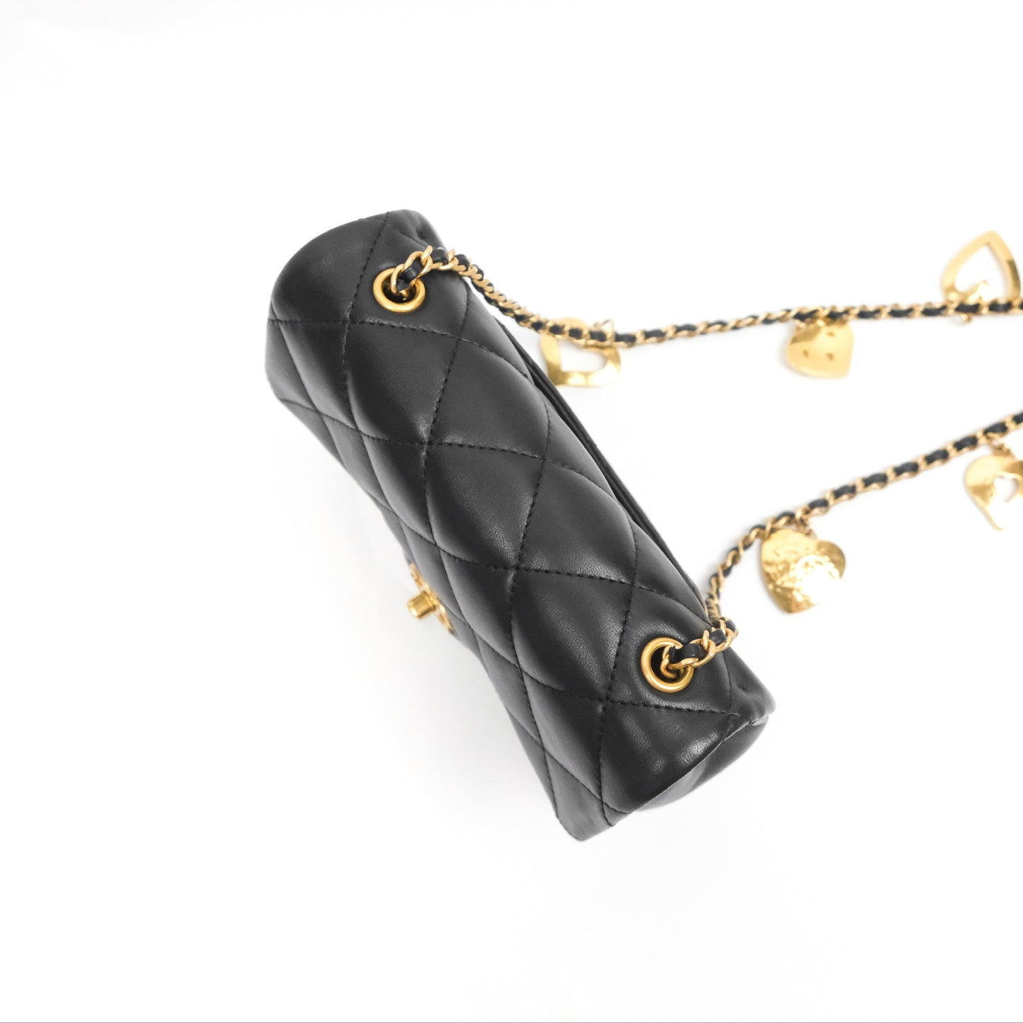 Chanel Mini Flap Bag With Heart CC Charm Black Lambskin Aged Gold Hardware 22B