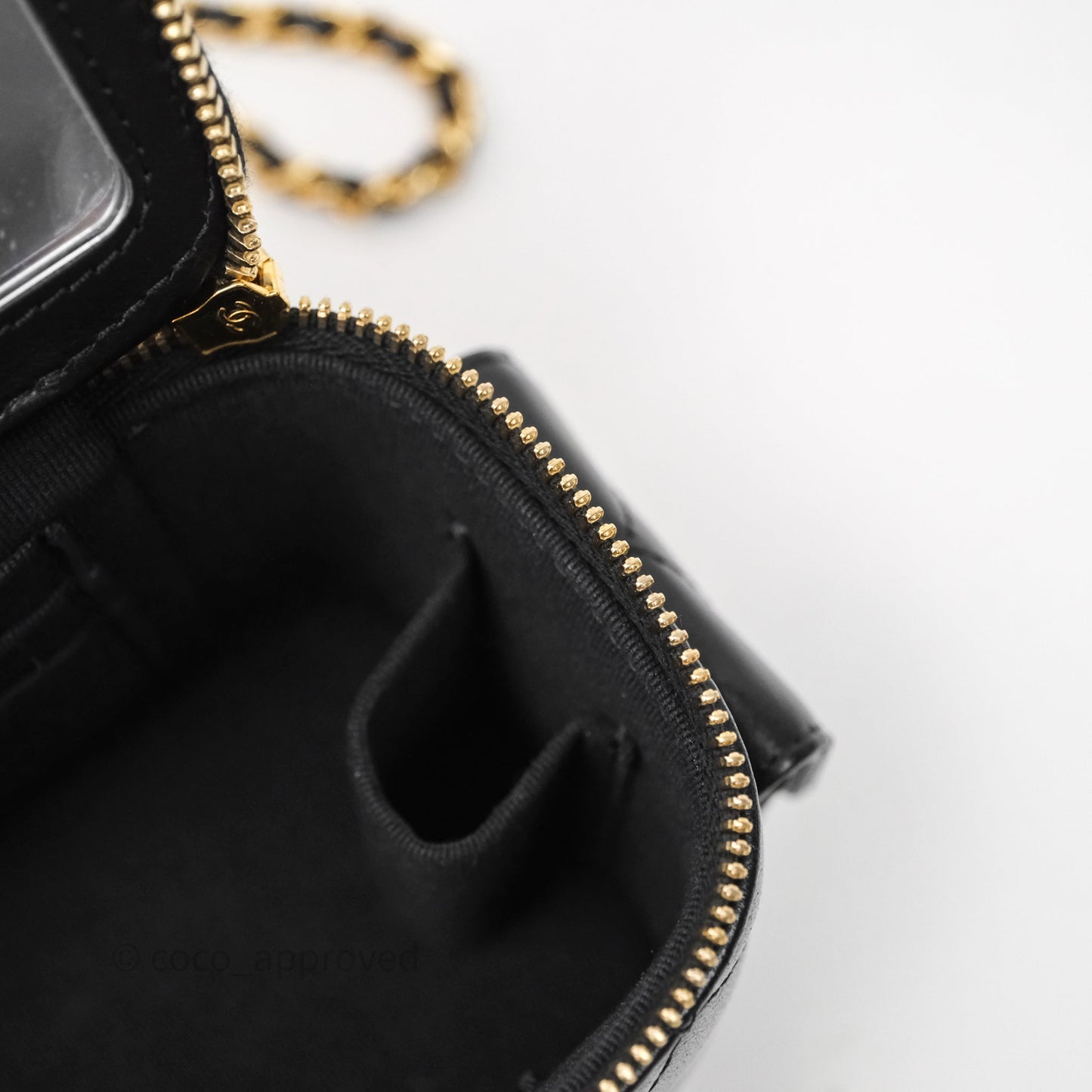 Chanel Quilted Top Handle Pocket Vanity Case Black Shiny Lambskin Bag Gold Hardware