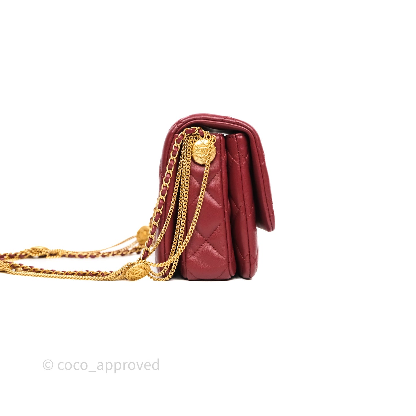Chanel Quilted Accordion Flap Bag with Button on Chain Burgundy Lambskin Aged Gold Hardware 22A