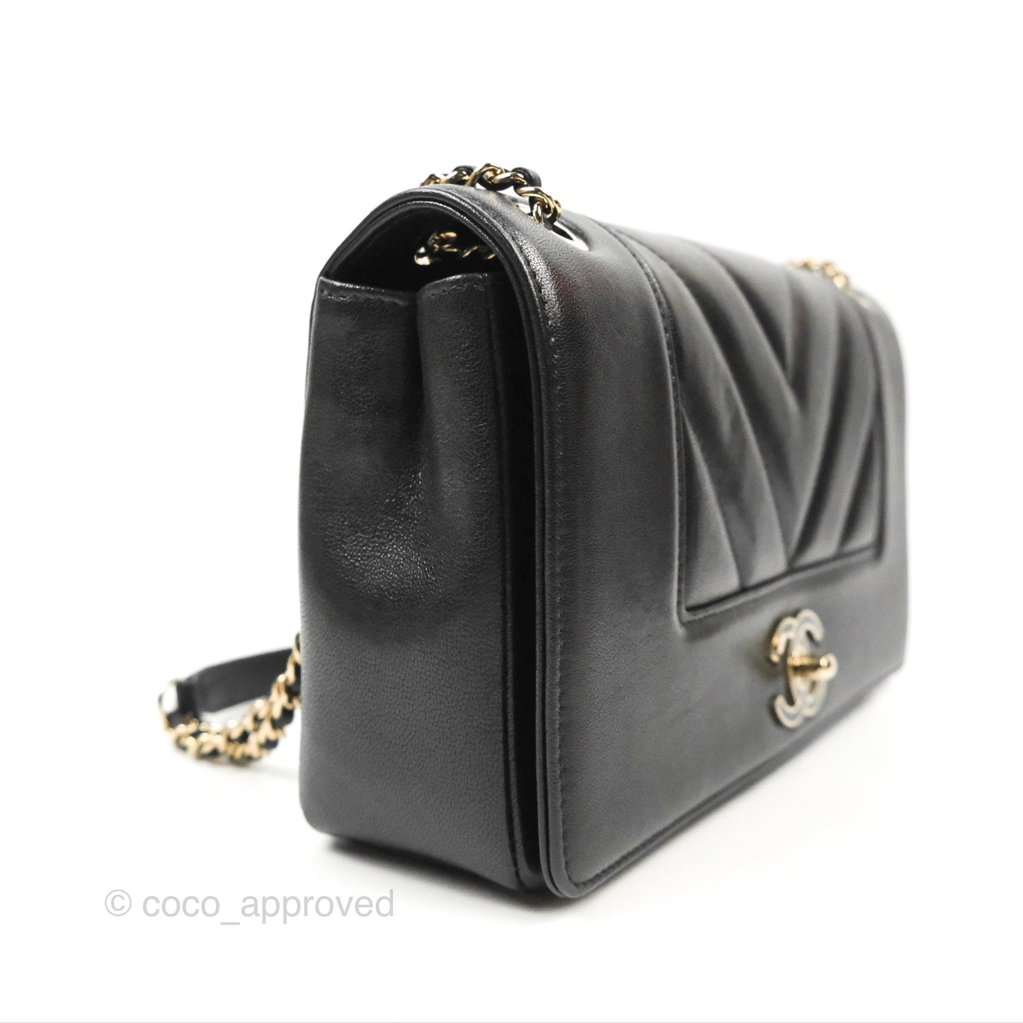 Chanel Chevron Mademoiselle Flap Bag Black Sheepskin Gold Hardware