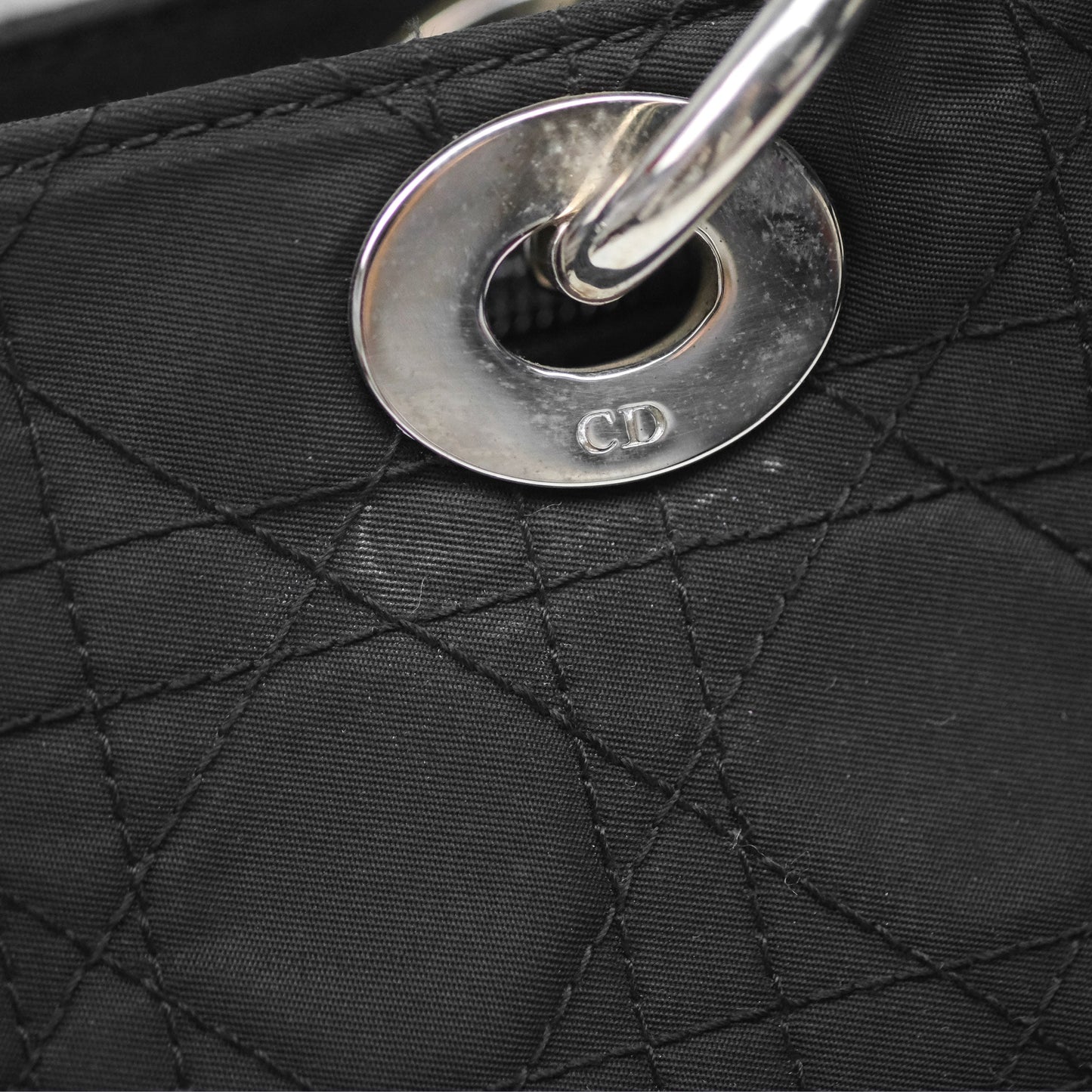 Christian Dior Vintage Large Lady Dior Cannage Fabric Black Silver Hardware