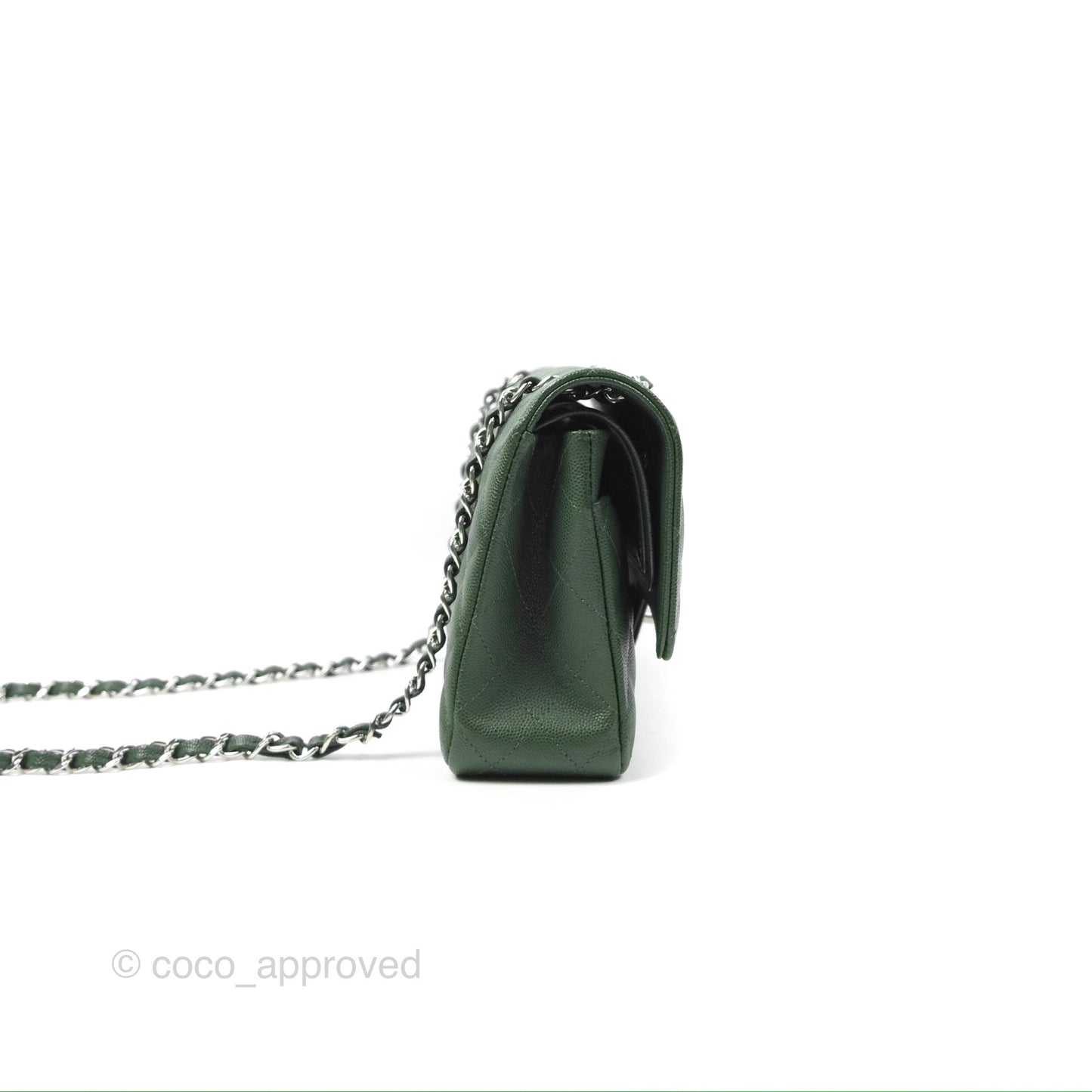 Chanel Classic M/L Medium Flap Quilted Dark Green Caviar Silver Hardware