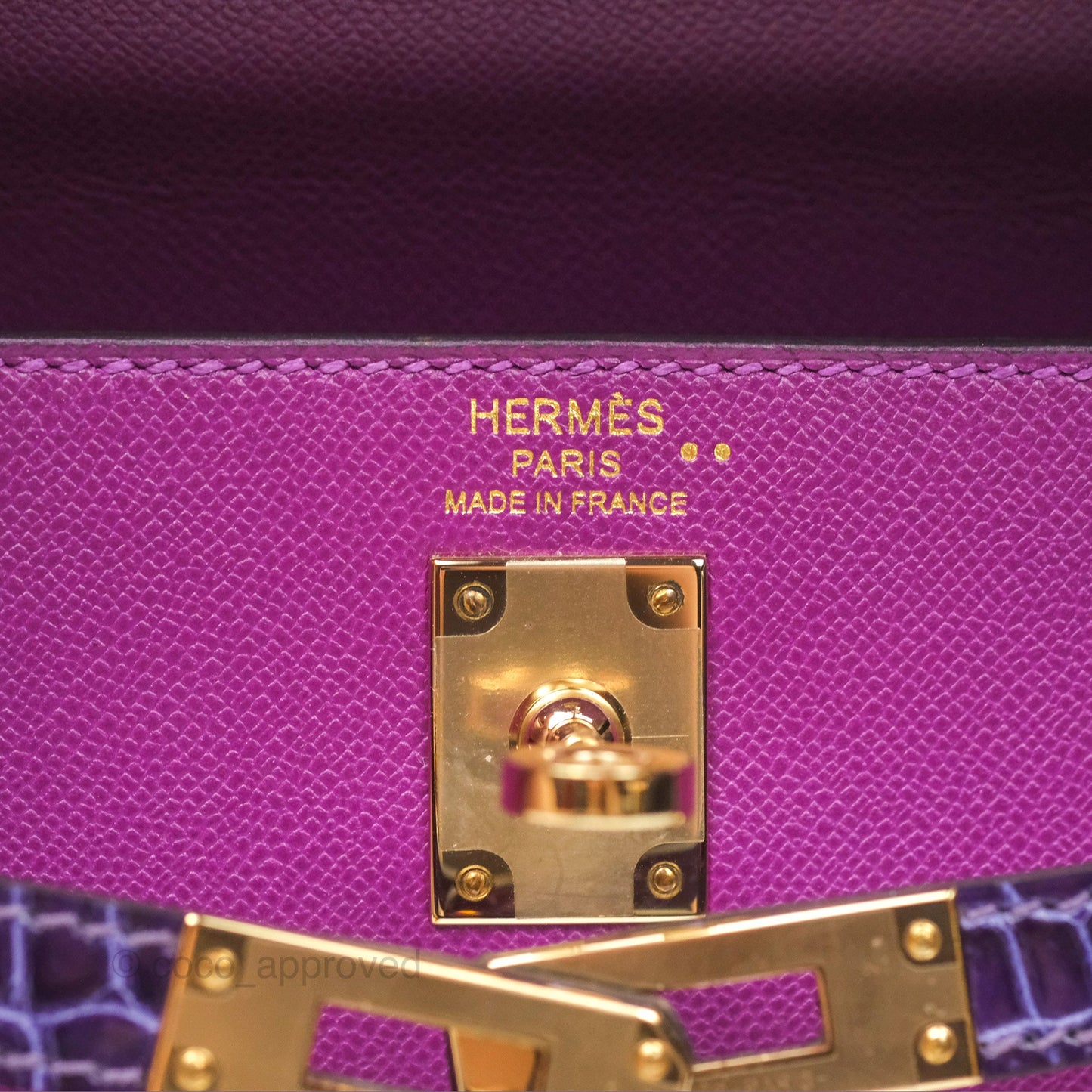 Hermès Kelly 25 Sellier Touch Anemone/ Amethyste Madame/ Croc Gold Hardware