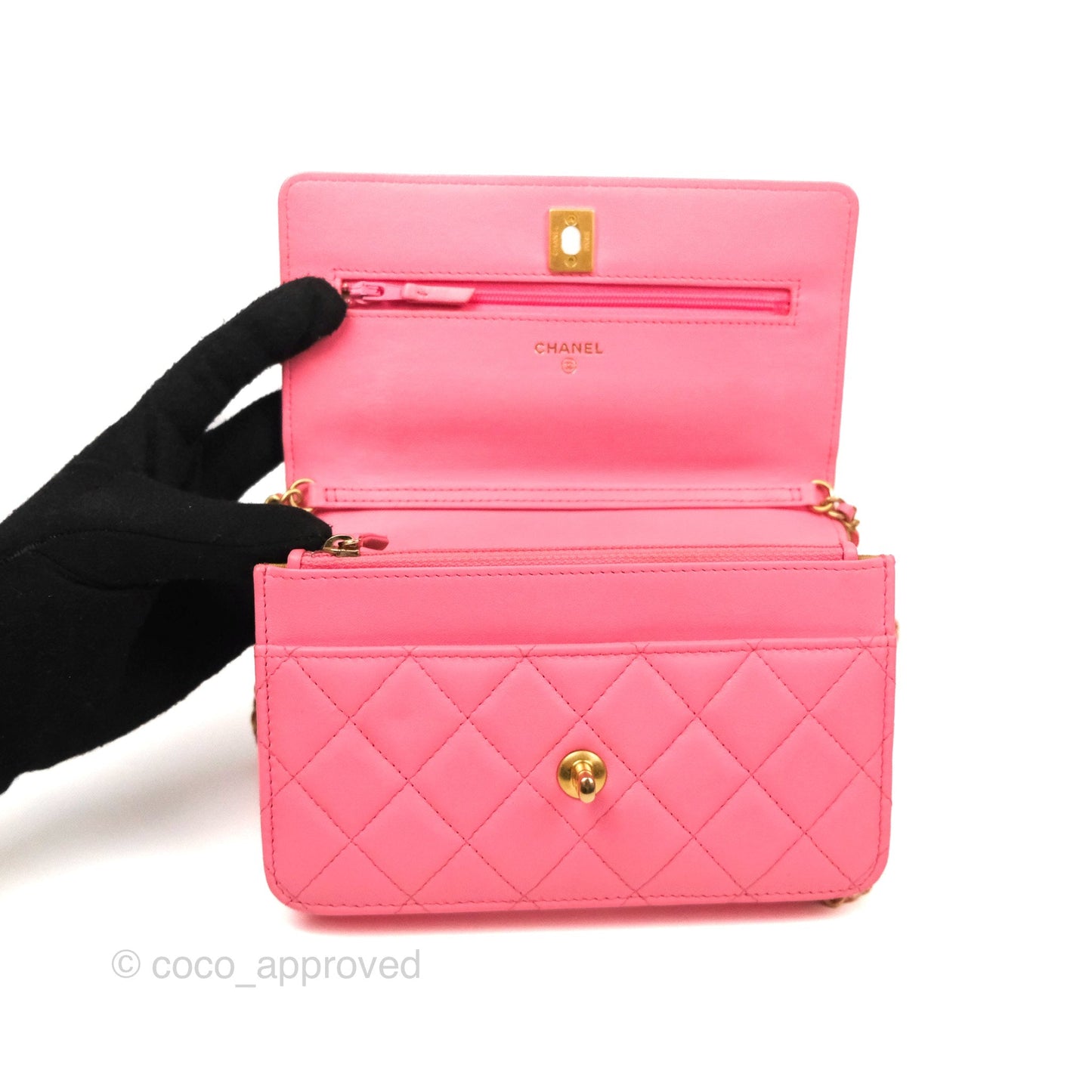 Chanel Quilted Pearl Crush Wallet on Chain WOC Pink Lambskin Aged Gold Hardware
