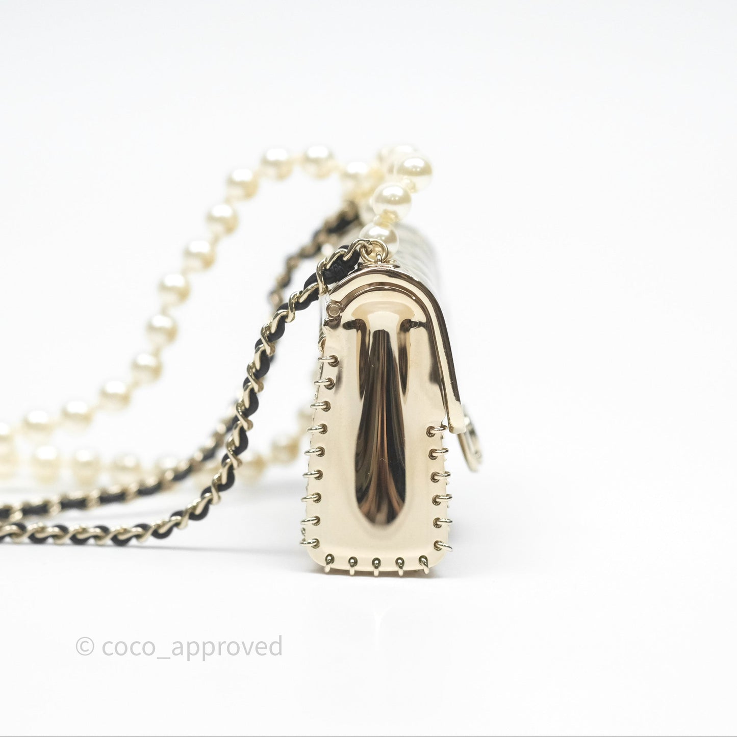 Chanel Flap Bag Charm Pearl Chain Black Leather Long Necklace Gold Tone 21S