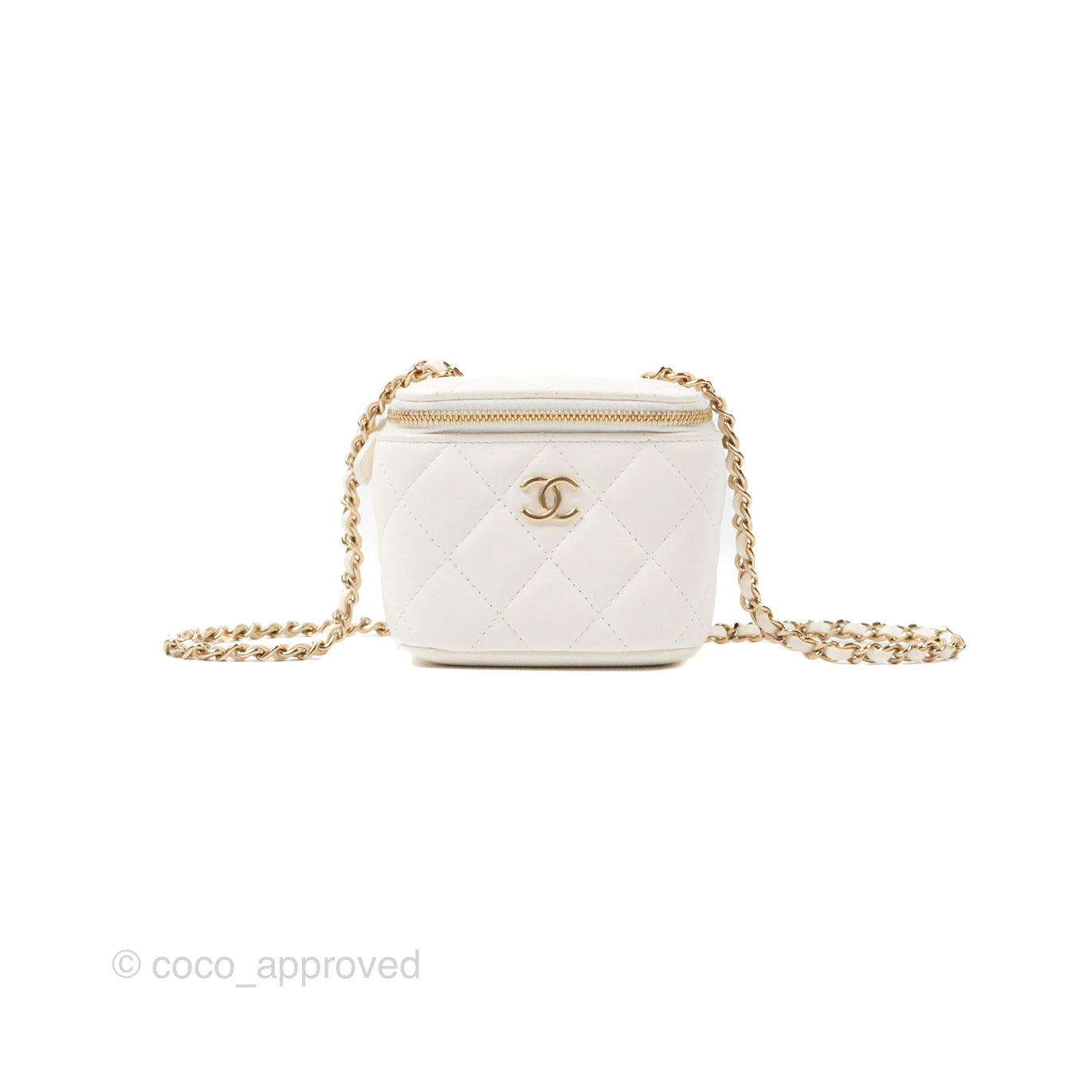 Chanel Camellia White Quilted Lambskin Mini Vanity with Chain Gold Hardware