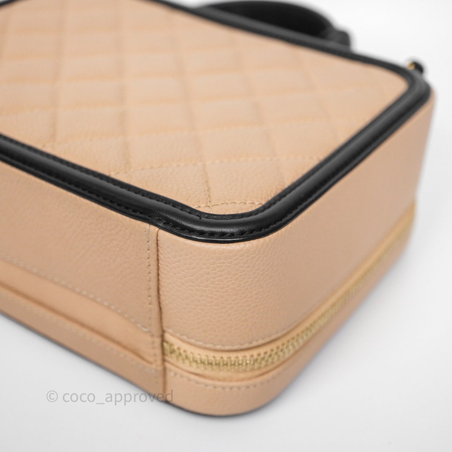 Chanel Quilted Medium CC Filigree Vanity Case Beige Black Caviar Aged Gold Hardware