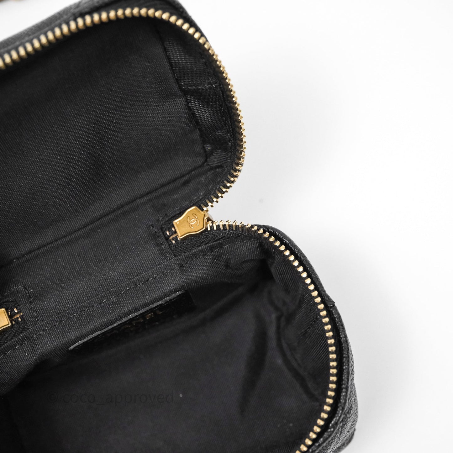 Chanel Quilted Mini Top Handle Vanity With Chain Black Caviar Aged Gold Hardware