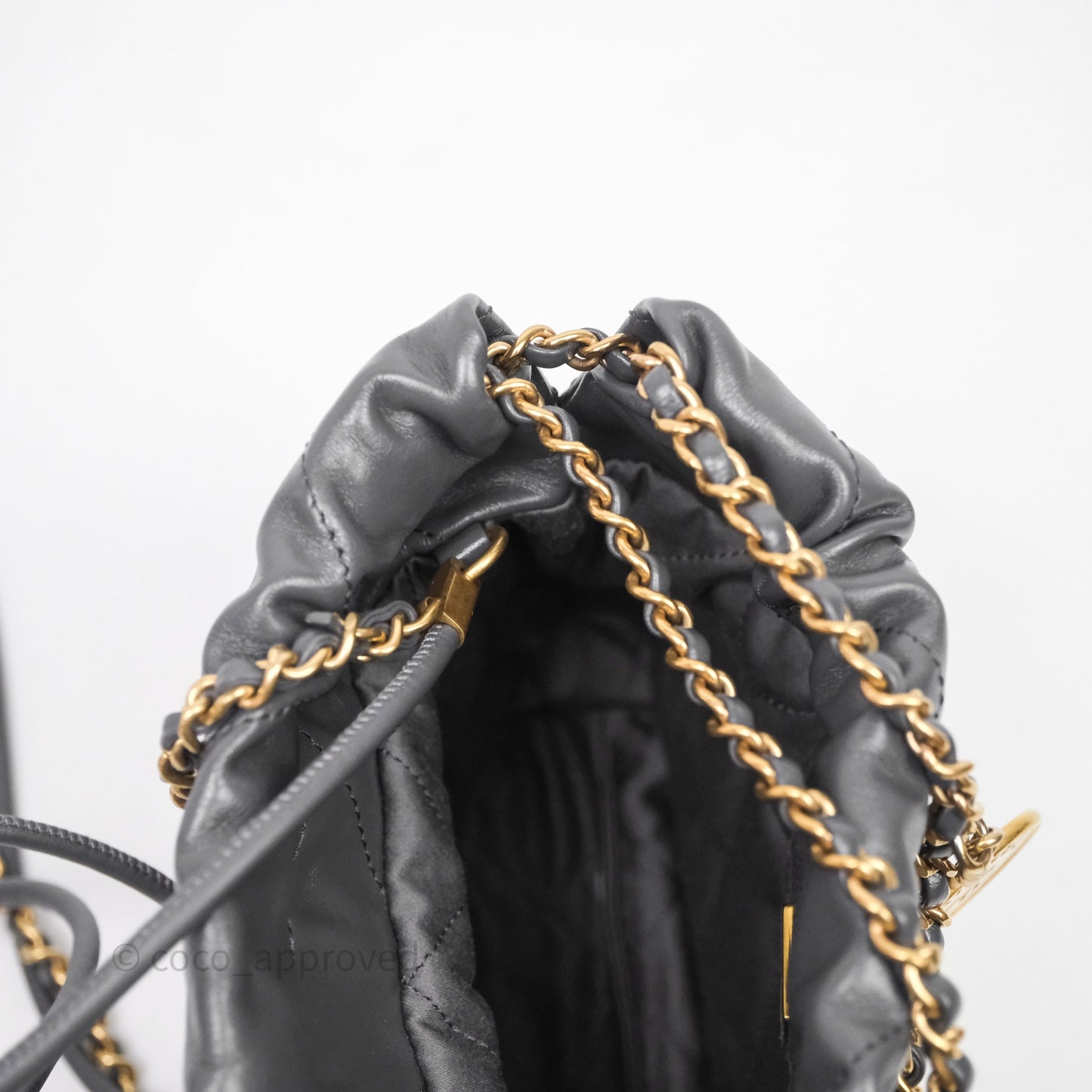 Chanel 22 Mini Bag Dark Grey Shiny Crumpled Calfskin Aged Gold Hardware