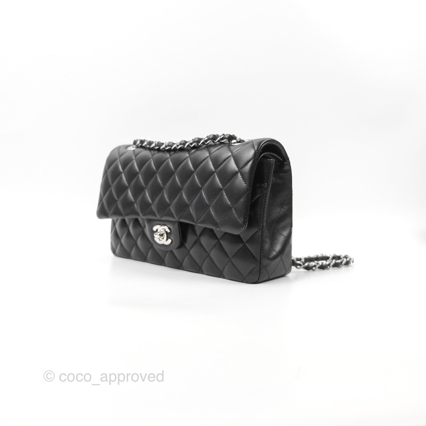 Chanel Classic M/L Medium Flap Quilted Black Lambskin Silver Hardware