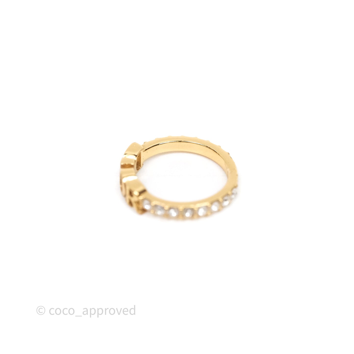 Christian Dior Crystal Logo Ring Gold Tone Size S