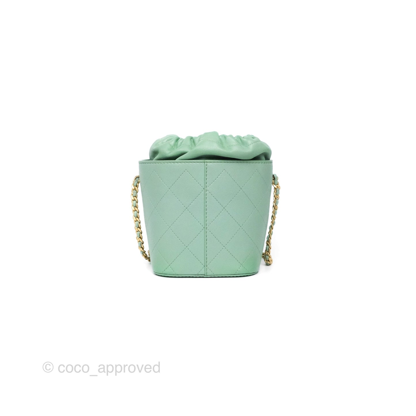 Chanel Drawstring Bucket Bag Quilted Green Caviar Aged Gold Hardware