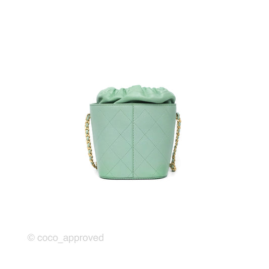 Chanel Drawstring Bucket Bag Quilted Green Caviar Aged Gold Hardware