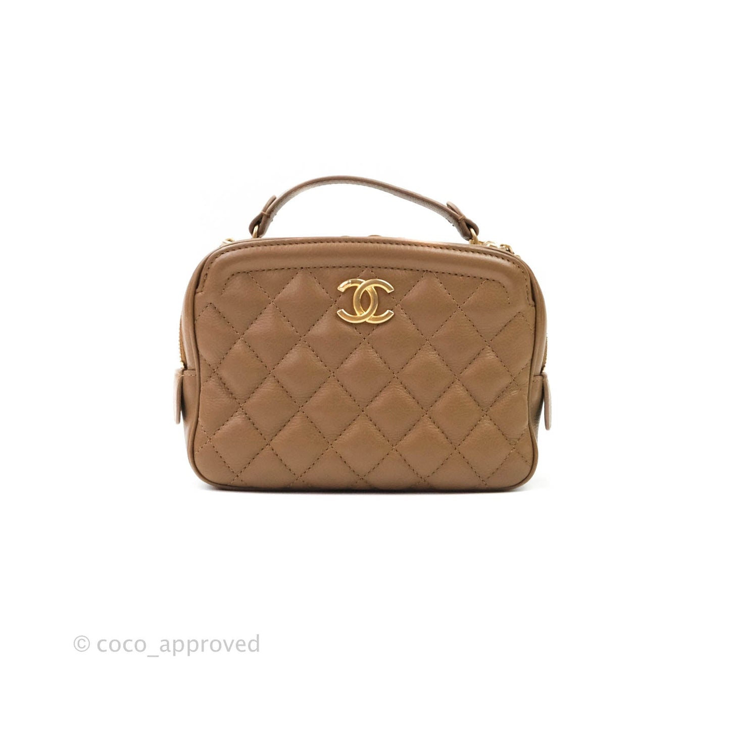 Chanel Small CC Quilted Vanity Case Brown Beige Calfskin Aged Gold Hardware