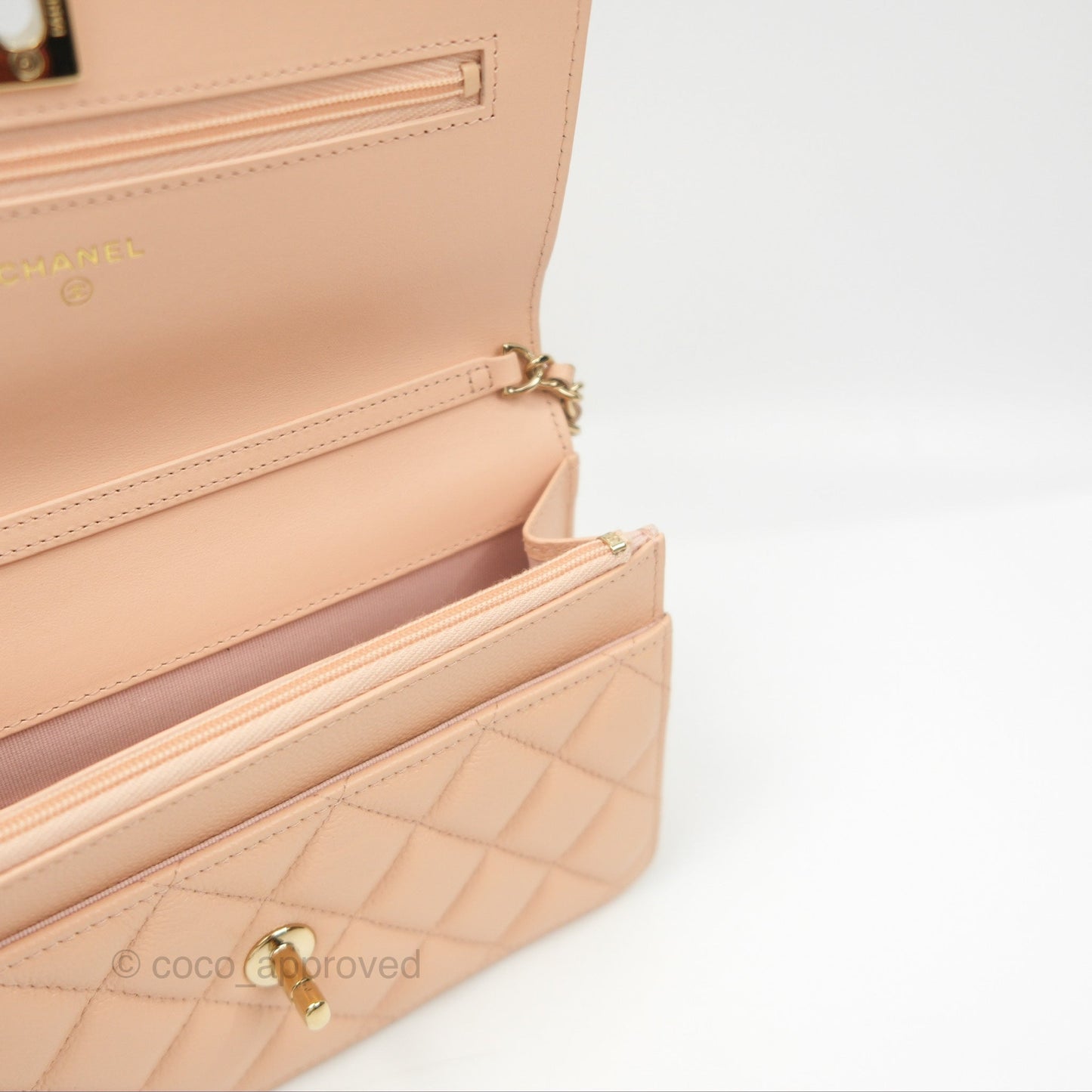 Chanel Quilted Bow Wallet On Chain WOC Light Beige Caviar Gold Hardware
