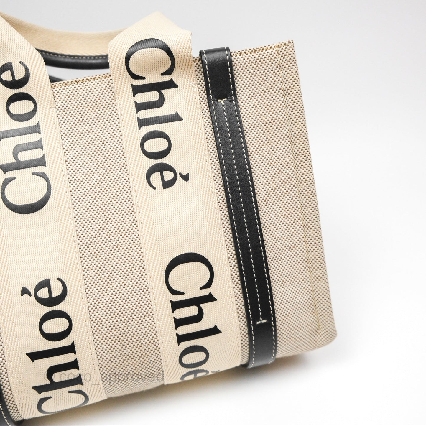 Chloe Small Woody Tote Bag Cotton Canvas & Black Calfskin with Woody Ribbon