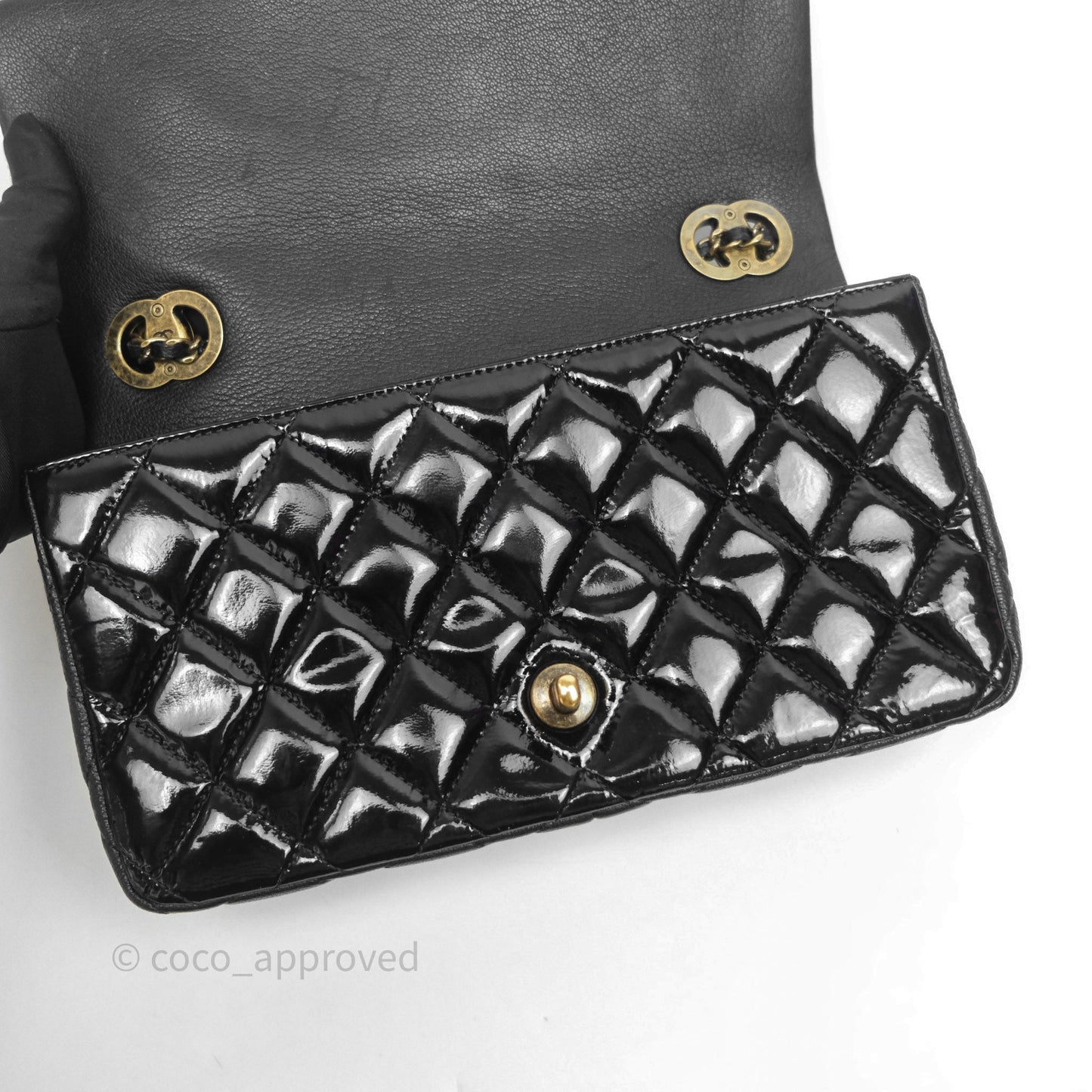 Chanel Quilted Medium Eyelet Flap Bag Black Patent Aged Gold Hardware