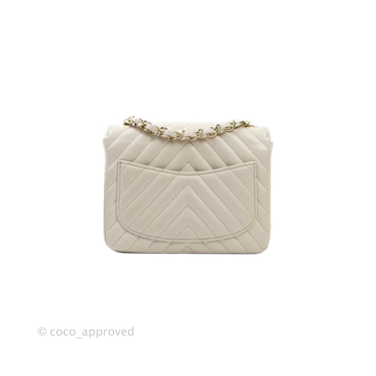 Chanel Mini Square Chevron Ivory Stone Caviar Gold Hardware 18B