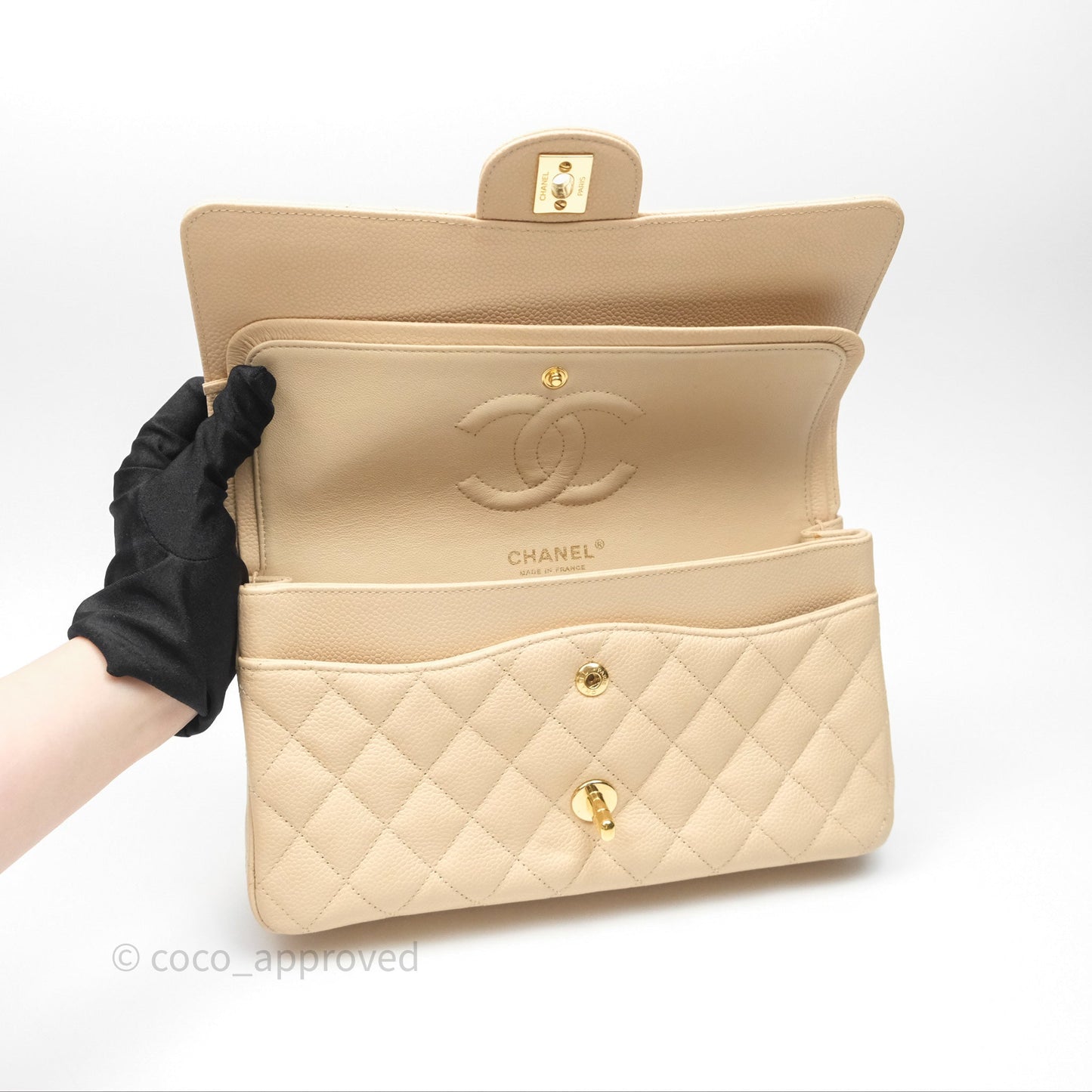 Chanel M/L Medium Classic Flap Quilted Beige Caviar Gold Hardware