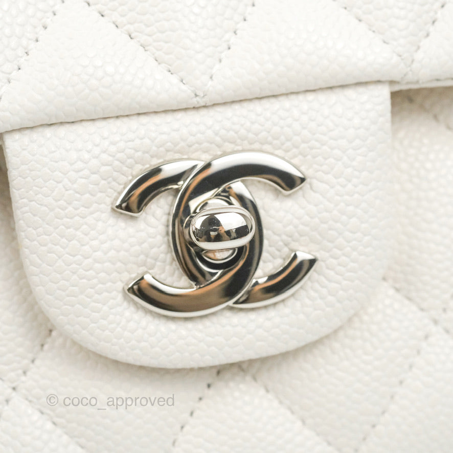 Chanel Classic M/L Medium Double Flap White Caviar Silver Hardware