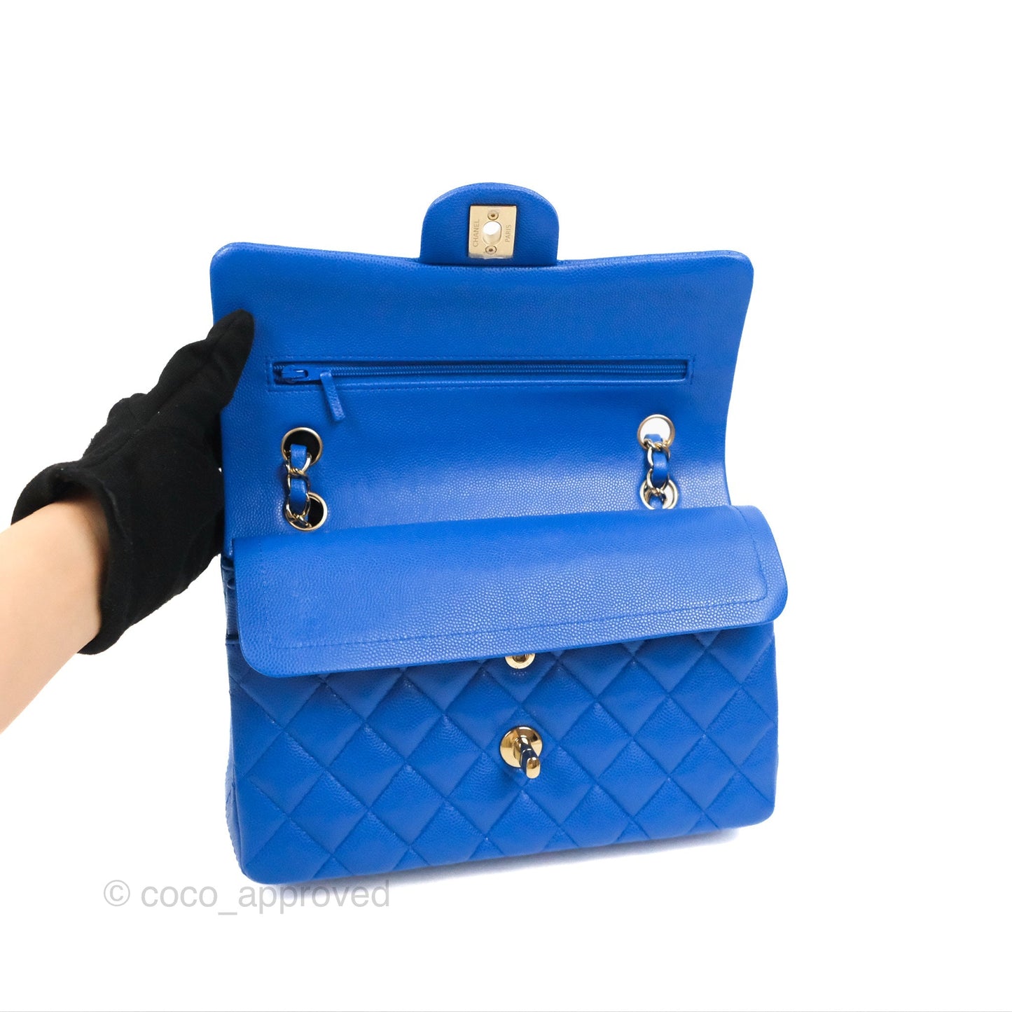 Chanel Small Classic Quilted Flap Blue Caviar Gold Hardware