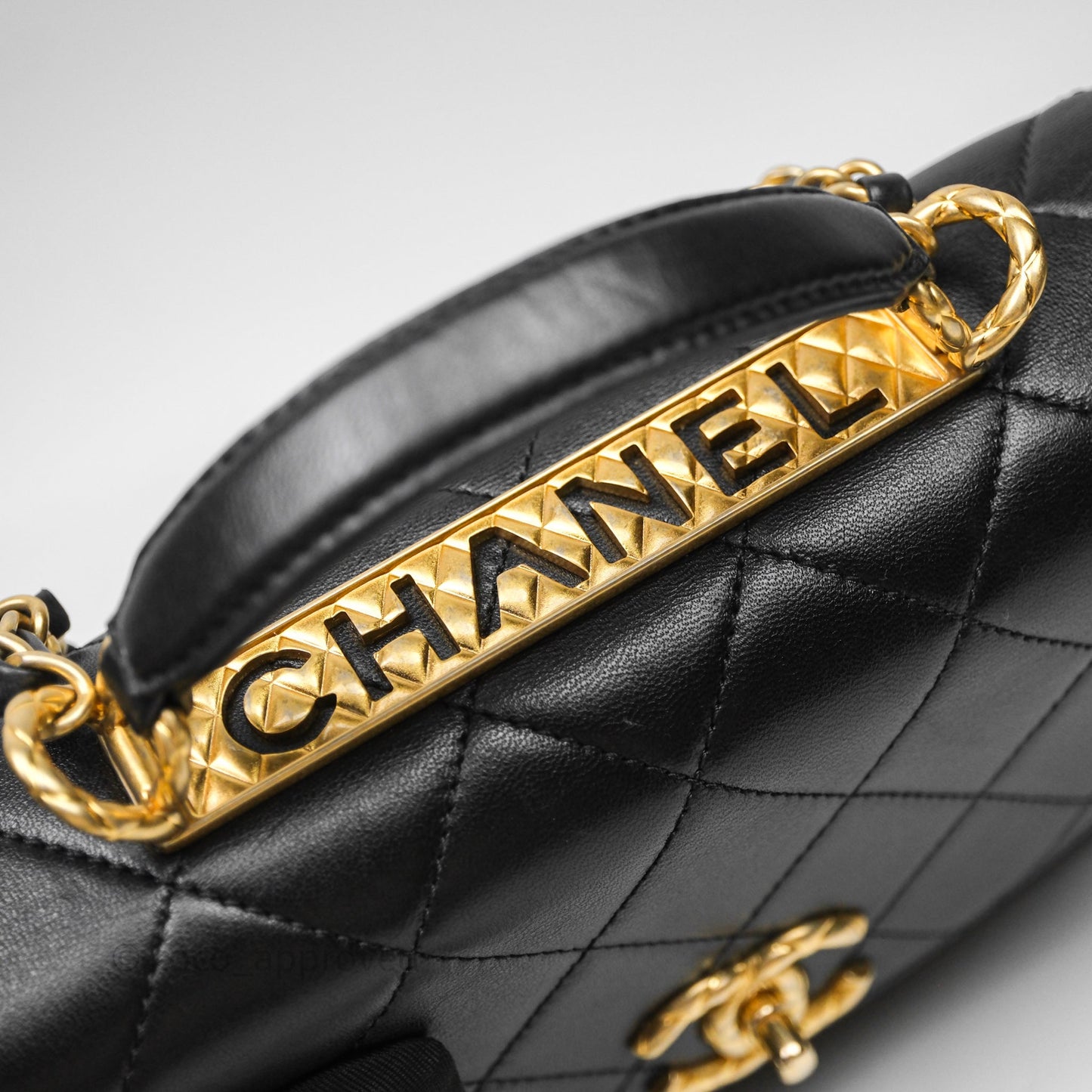 Chanel Trendy Spirit Top Handle Black Flap Bag Calfskin Gold Hardware