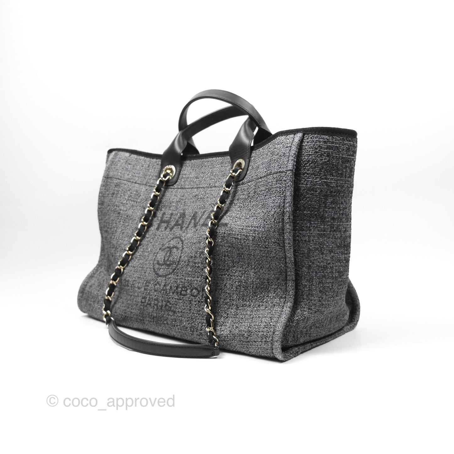 Chanel Large Deauville Glitter Black Grey Raffia Gold Hardware