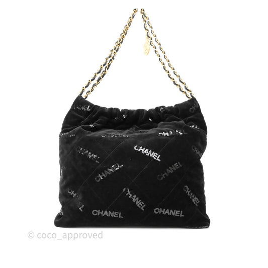 Chanel 22 Medium Sequins Logo Black Velvet