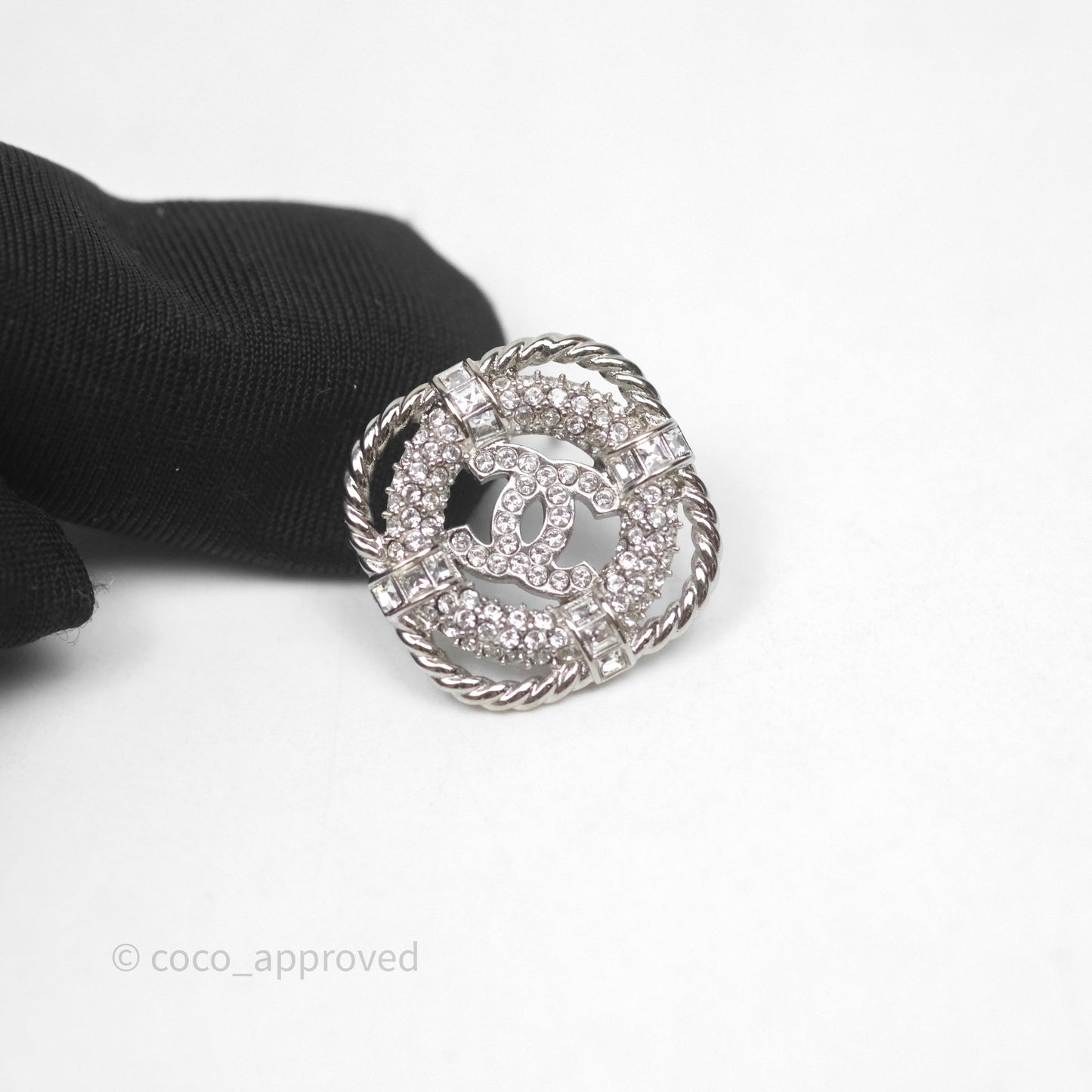 Chanel Crystal CC Square Round Earrings Silver Tone 19C
