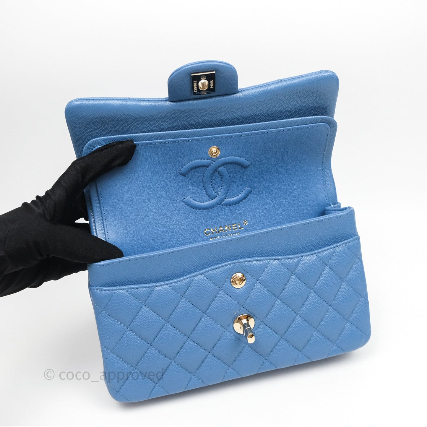Chanel Small Classic Flap Quilted Blue Caviar Gold Hardware 20S