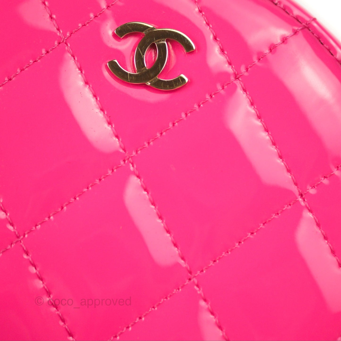 Chanel Classic Quilted Round Clutch Neon Pink Patent Gold Hardware
