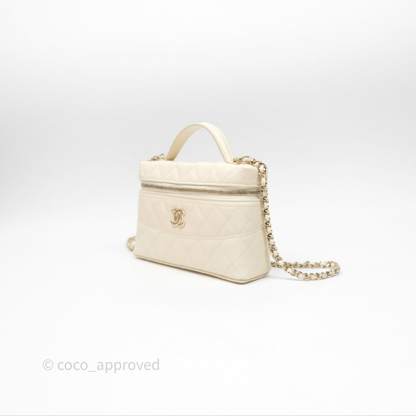Chanel Top Handle Long Vanity with Chain Beige Caviar Gold Hardware 25C