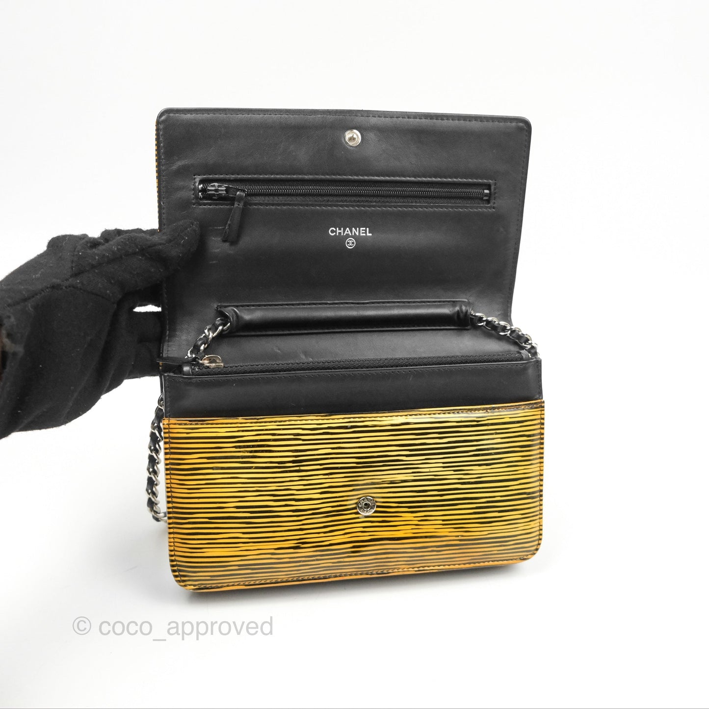 Chanel Wallet on Chain Yellow Black Striped Patent Silver Hardware