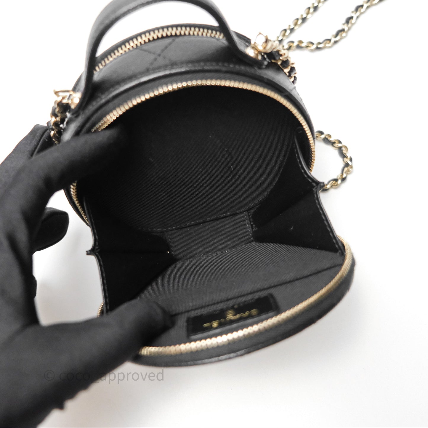 Chanel Mini Round Vanity Bag Handle With Care Black Caviar 22C