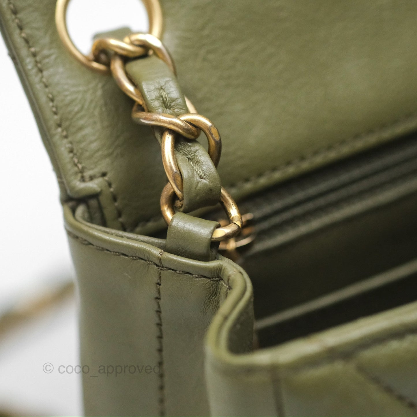 Chanel Mini Square Flap Chevron Olive Green Calfskin Gold Hardware