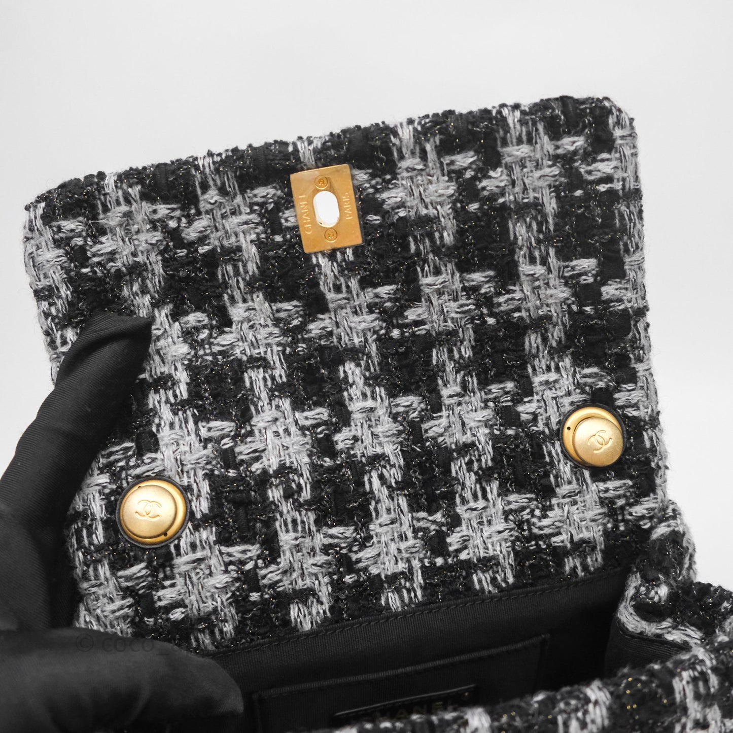 Chanel Mini Flag Bag Black & Grey Tweed Aged Gold Hardware
