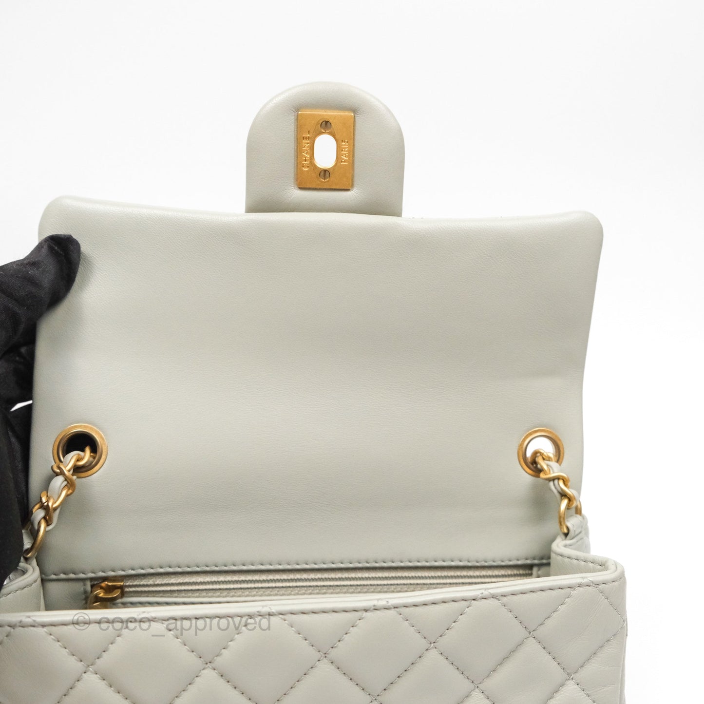 Chanel Pearl Crush Mini Rectangular Grey Lambskin Aged Gold Hardware
