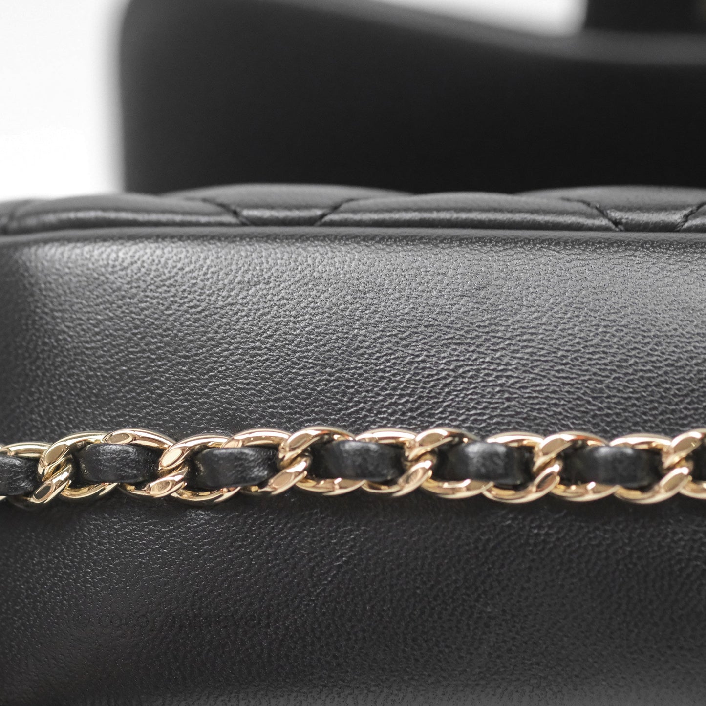Chanel Logo Pearl Chain Flap Bag Black Lambskin Gold Hardware