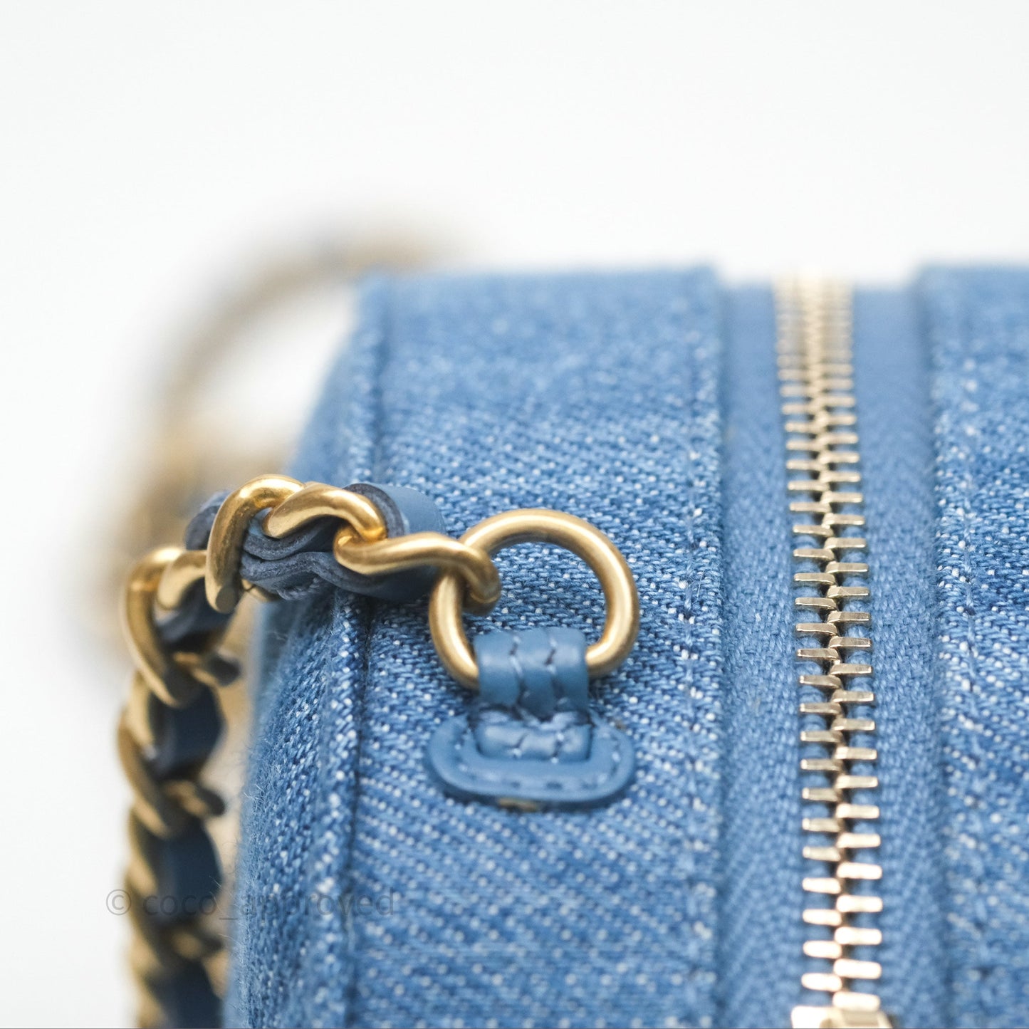 Chanel Quilted Pearl Crush Round Clutch With Chain Denim Aged Gold Hardware