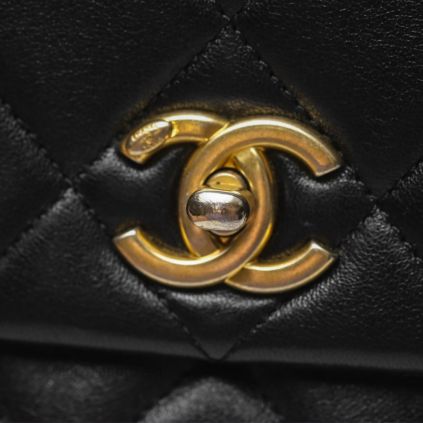 Chanel Logo Mini Square Flap Bag Black Lambskin Aged Gold Hardware 21B